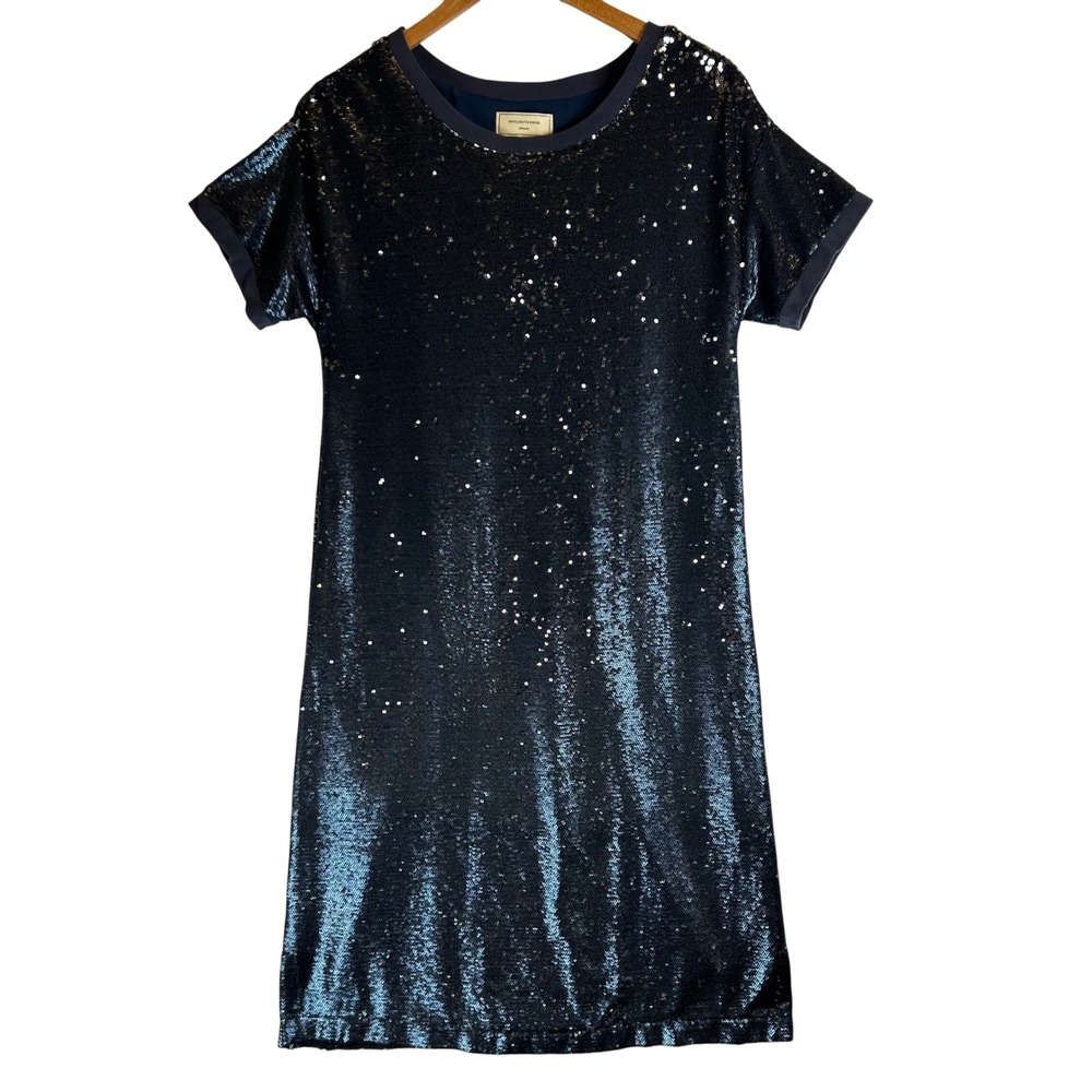 Moulinette Soeurs Anthropologie Navy Blue Sequin Shift T-Shirt Dress Small